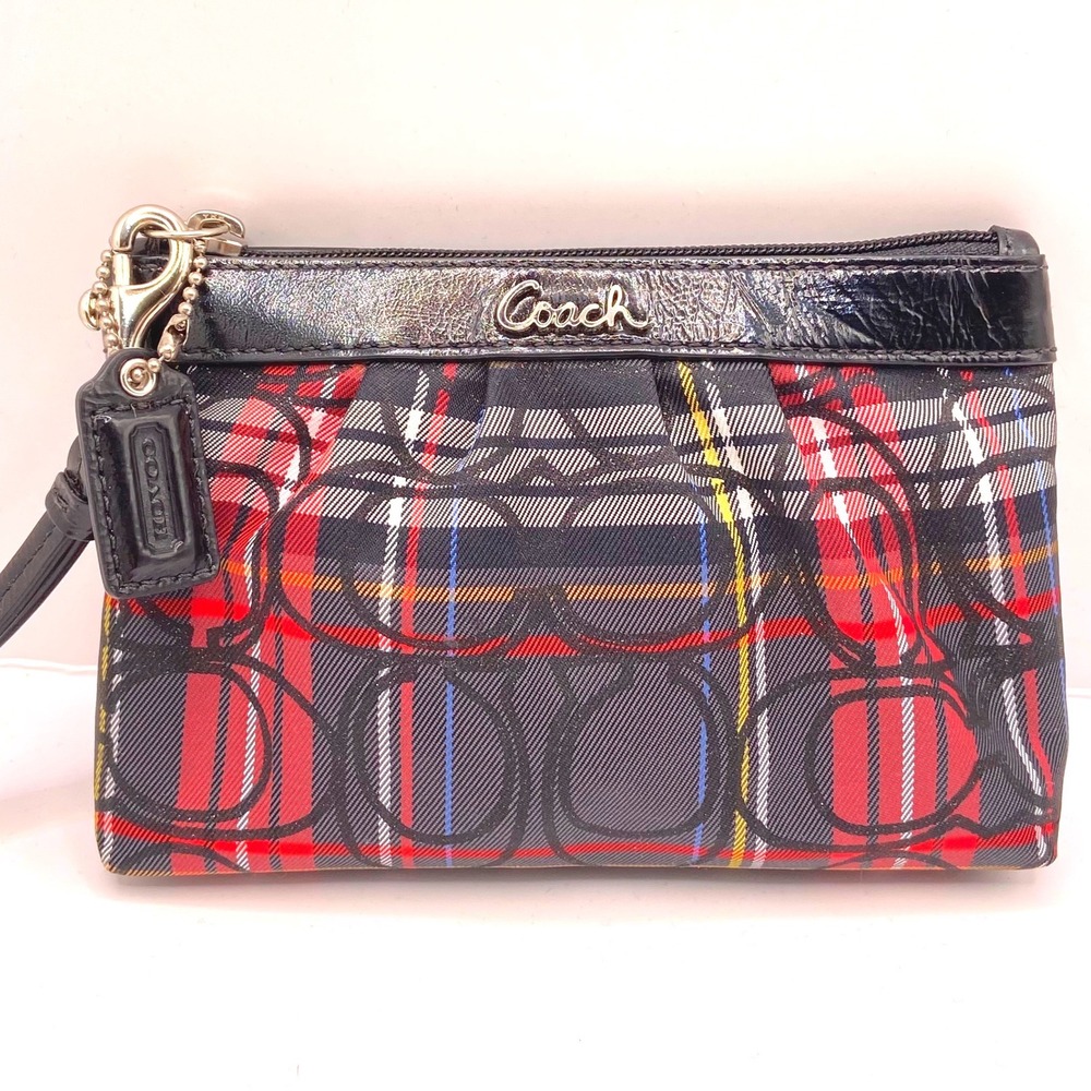 Coach Poppy Tartan Plaid Wristlet Red Black Signature C Pouch Clutch Y2K Vintage
